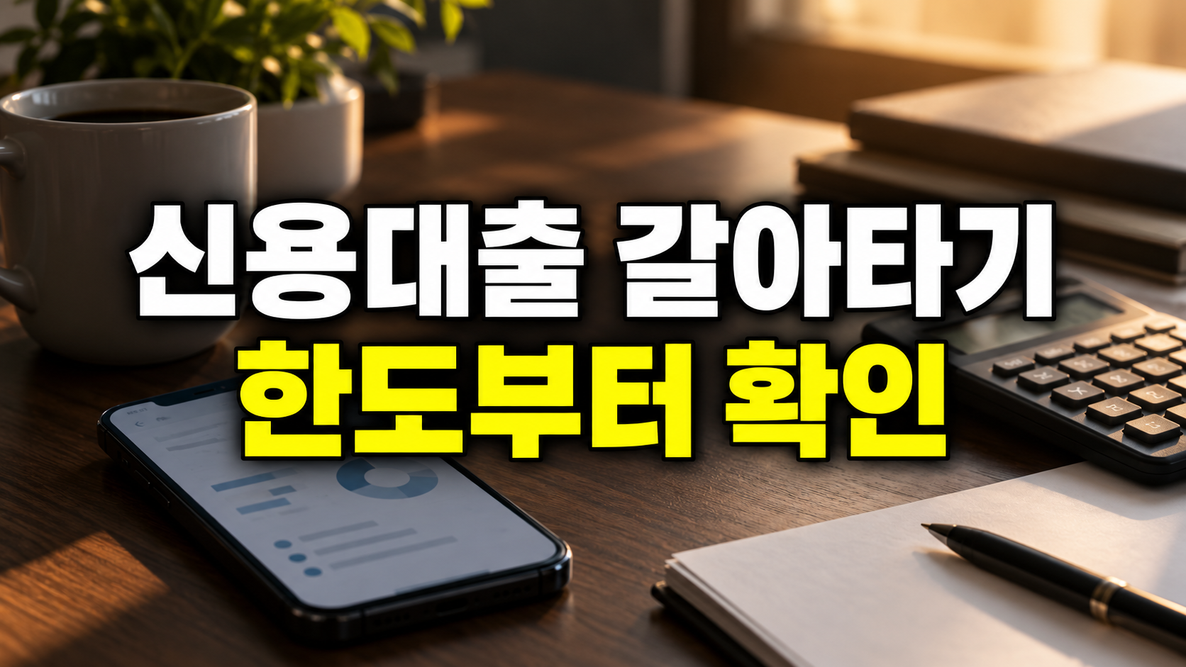 스마트폰과 계산기가 놓인 어두운 책상 배경에 신용대출 갈아타기, 한도부터 확인이라고 적힌 이미지