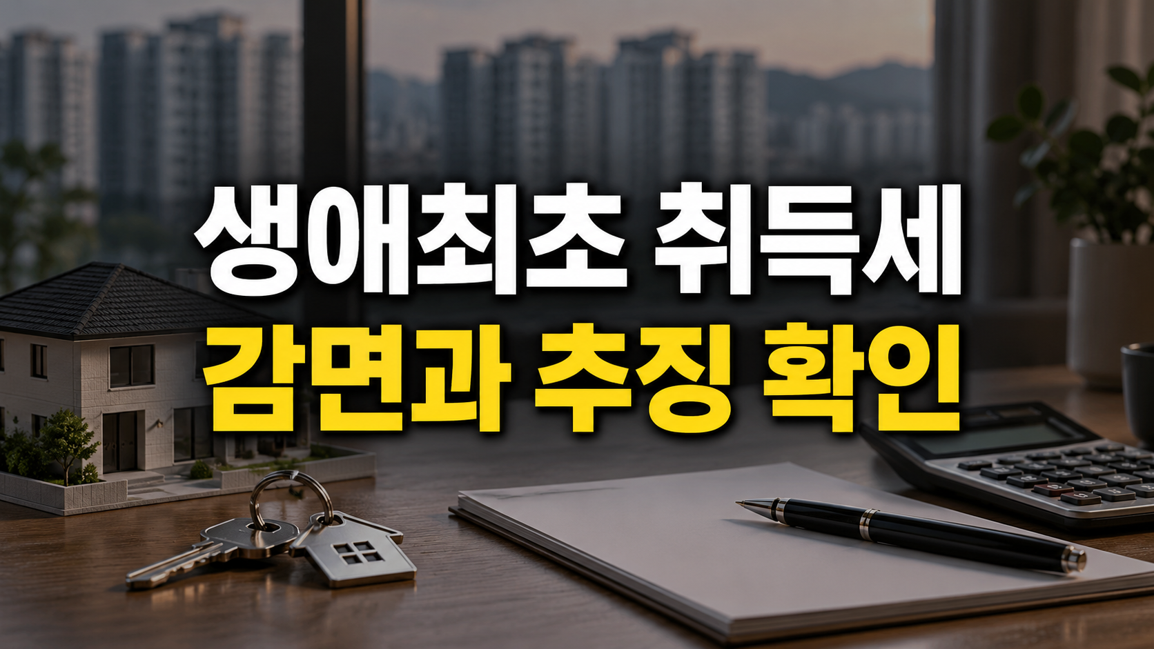 주택 모형과 열쇠, 계산기를 배경으로 생애최초 취득세, 감면과 추징 확인이라고 적힌 이미지