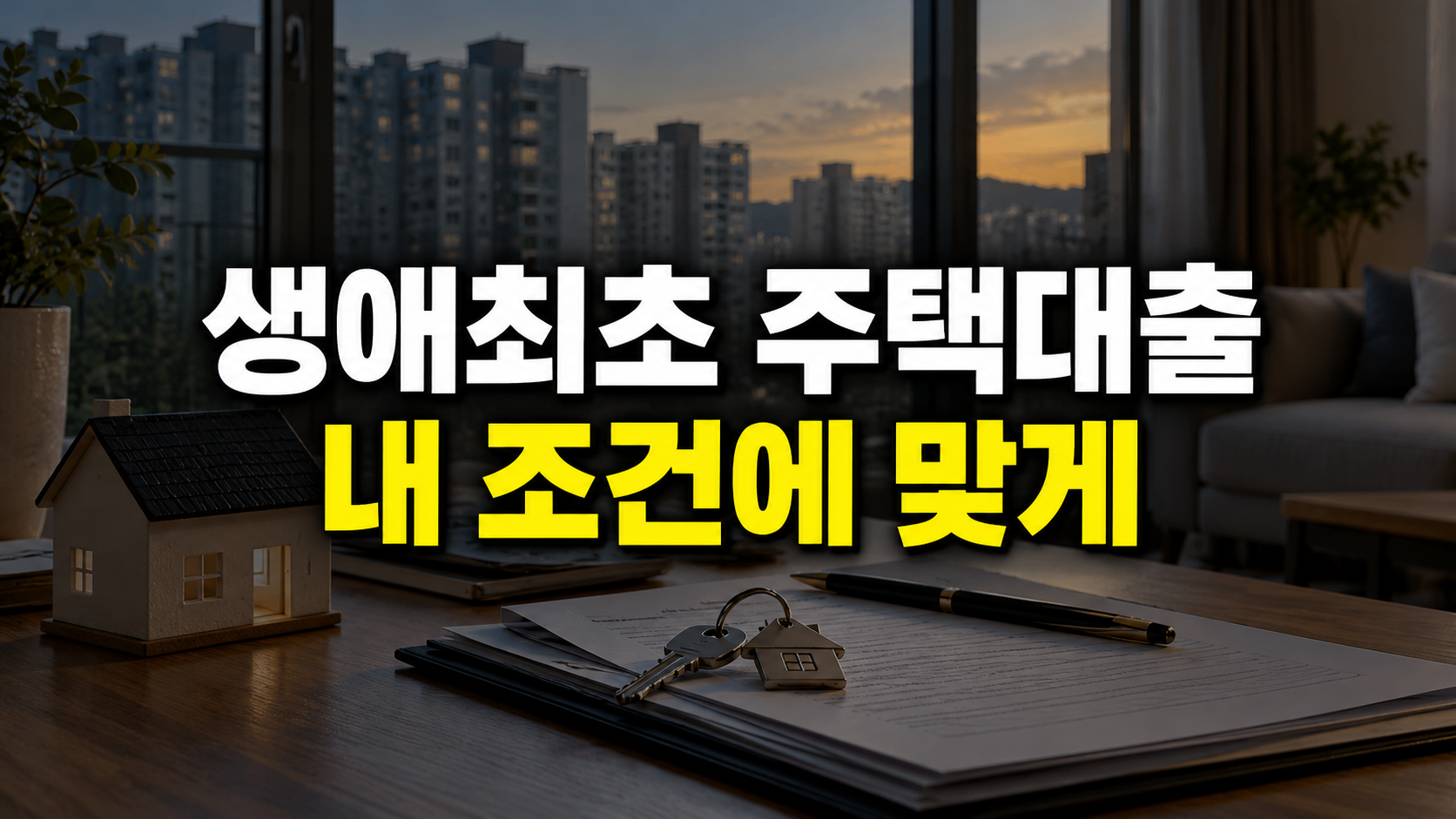 아파트 실내와 집 열쇠를 배경으로 생애최초 주택대출, 내 조건에 맞게라고 적힌 이미지
