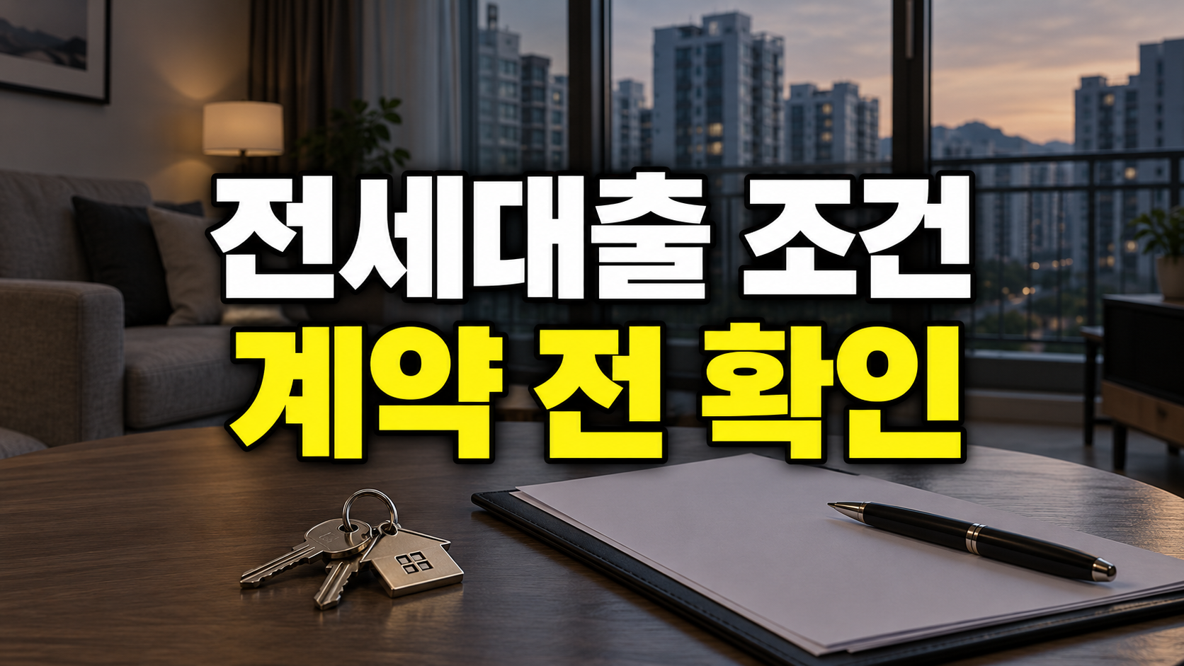 어두운 아파트 거실과 열쇠 배경에 전세대출 조건, 계약 전 확인이라고 적힌 이미지