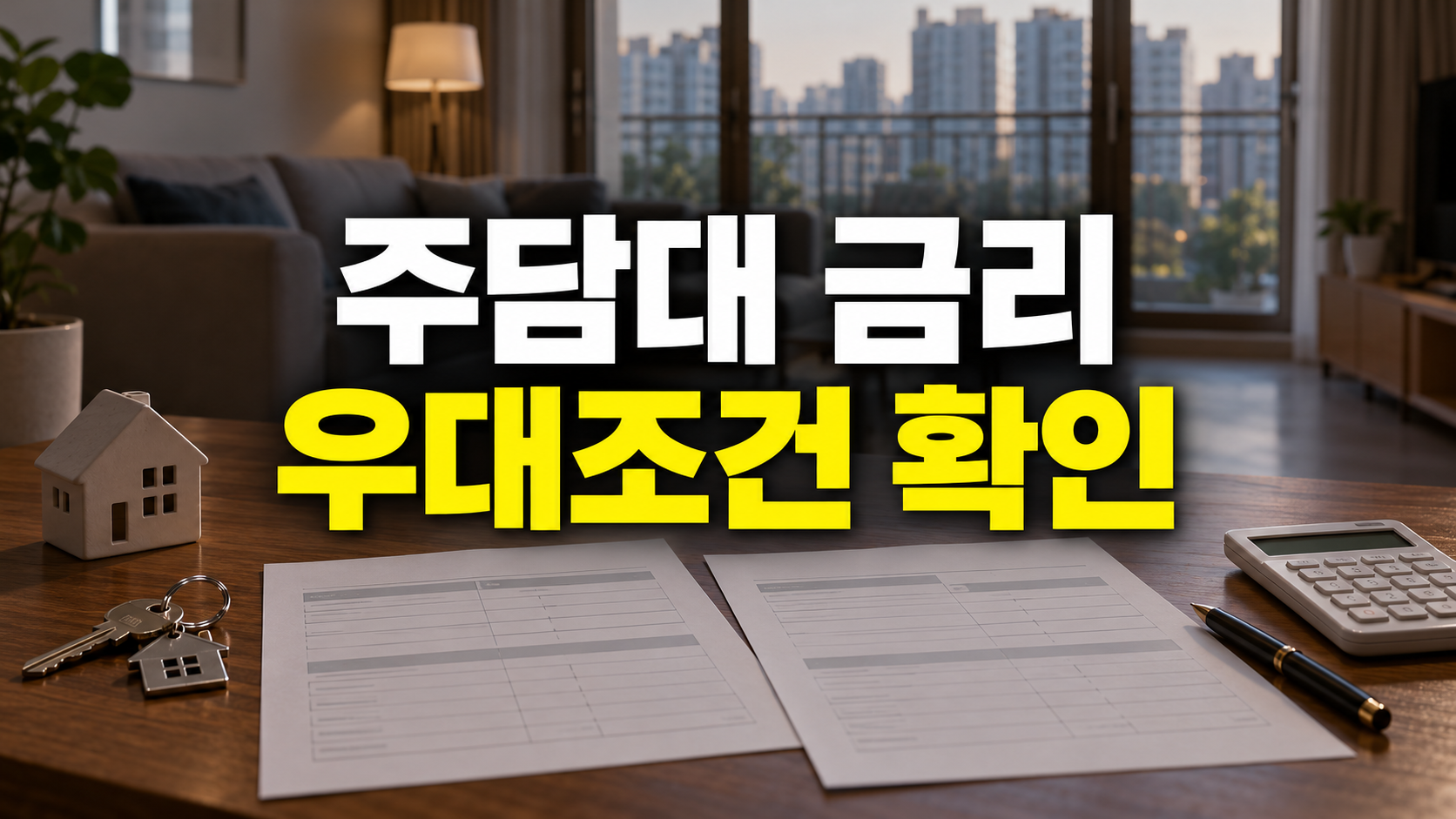 아파트가 보이는 창가의 열쇠·계산기·비교 서류를 배경으로 주담대 금리, 우대조건 확인이라고 적힌 이미지