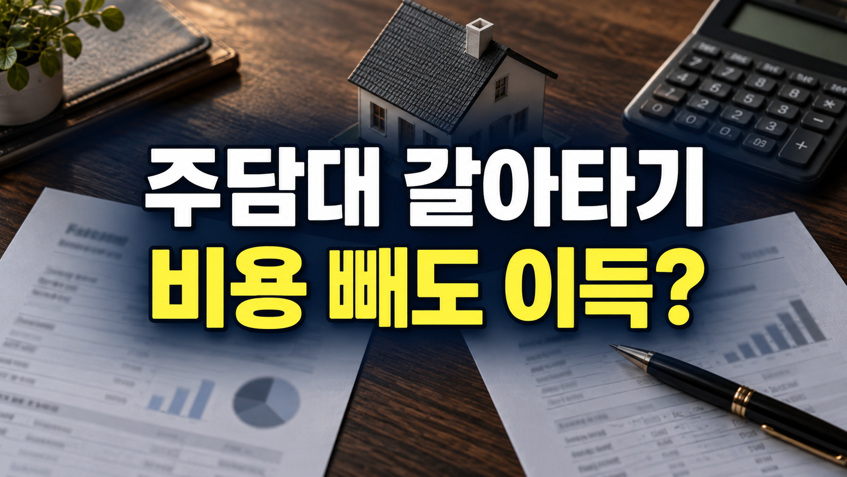 집 모형과 계산기, 비용 비교 서류를 배경으로 주담대 갈아타기, 비용 빼도 이득?이라고 적힌 이미지